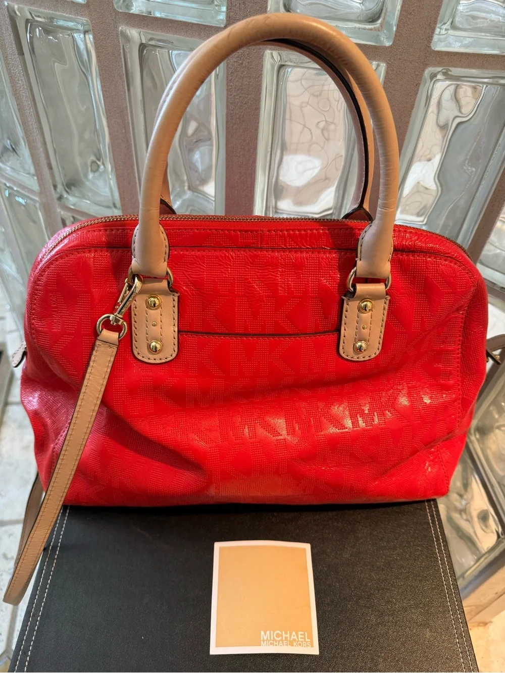 Michael Kors Reddish Orange Leather Crossbody Grayson Satchel. Tan Trim.